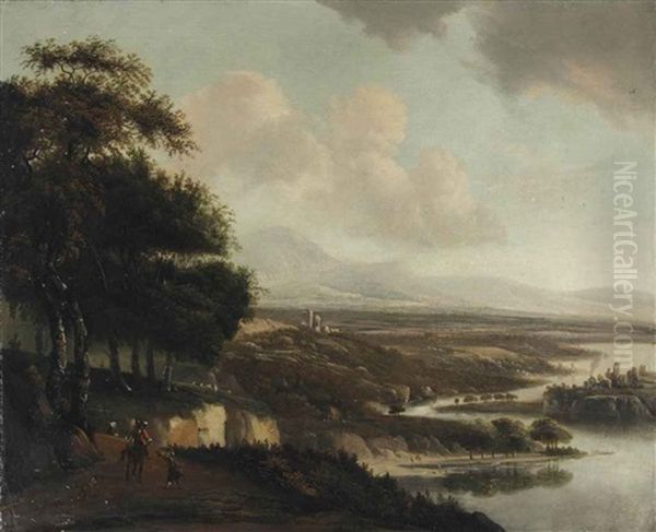An Extensive Italianate River Landscape With Horsemen On A Path Oil Painting by Joris van der Haagen or Hagen