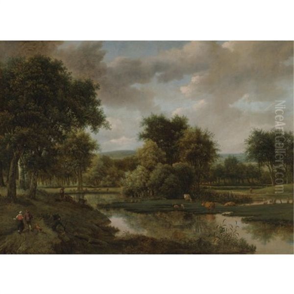 A Marshland Clearing With Peasants And Cattle, Rising Hills Beyond Oil Painting by Joris van der Haagen or Hagen