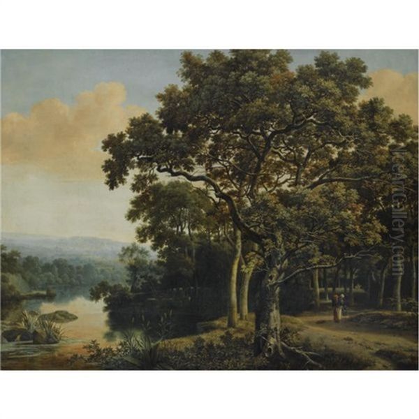 A Wooded Landscape With A Gypsy Woman With Two Children On A Path, Beside A Lake At Sunset Oil Painting by Joris van der Haagen or Hagen