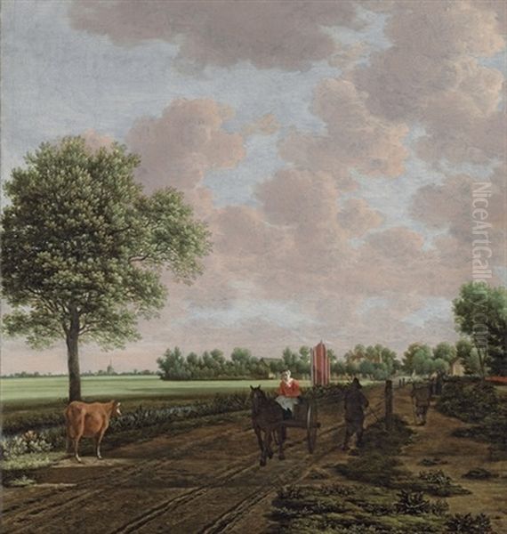 A Pastoral Landscape With A Woman Driving A Horsecart And Other Travellers On The Path, A Windmill Beyond Oil Painting by Joris van der Haagen or Hagen