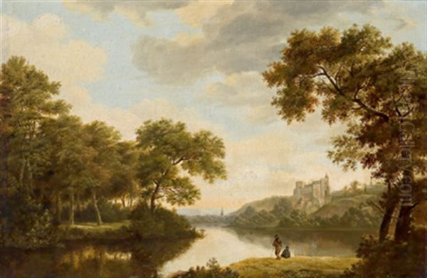 Idyllische Flusslandschaft Mit Einer Burg Oil Painting by Joris van der Haagen or Hagen