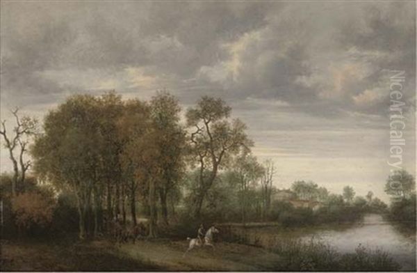 A Wooded River Landscape With A Horseman And A Horse And Cart On A Path Oil Painting by Joris van der Haagen or Hagen