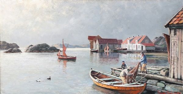 The Inner Harbour In Hvidingso Oil Painting by Lauritz Haaland