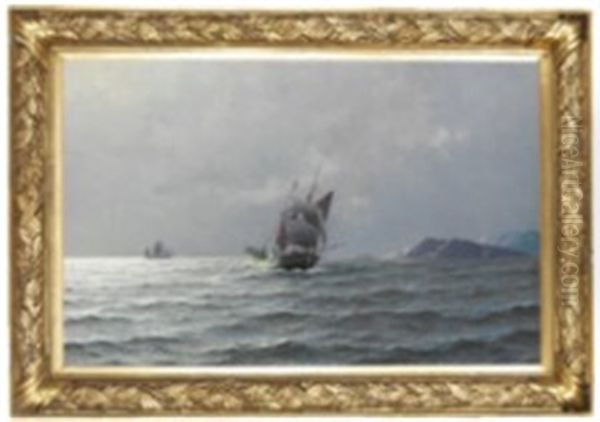 Seascape With Norwegian Fishing Boats Off The Coast Oil Painting by Lauritz Haaland