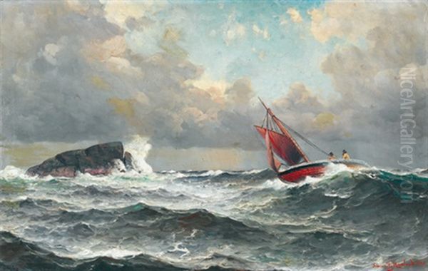 Segelboot Vor Felsen Bei Sturmischer See Oil Painting by Lauritz Haaland