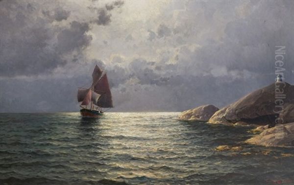 Sailing Ship By The Shore Oil Painting by Lauritz Haaland