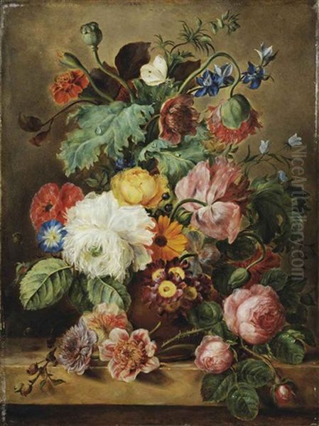 Roses, Poppies, Marigolds And Other Flowers In A Earthenware Vase Oil Painting by Adriana Johanna Haanen