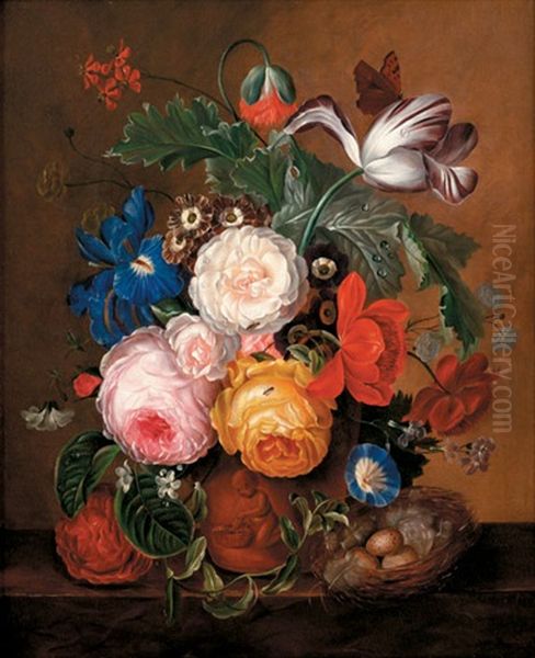 Roses And Mixed Flowers On A Ledge With Butterfly, Bird's Nest And Insects Oil Painting by Adriana Johanna Haanen