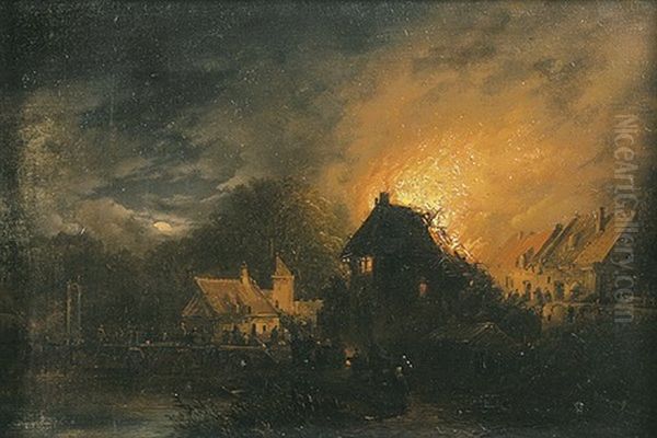 Feuersbrunst In Einem Dorf Oil Painting by George Gillis van Haanen
