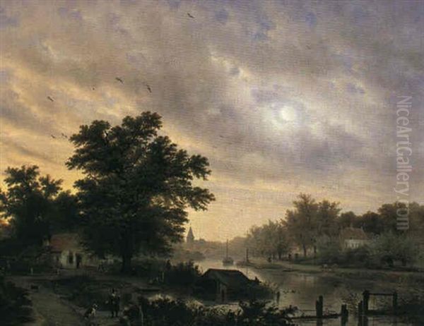 Landlicher Alltag Am Fluss Oil Painting by George Gillis van Haanen