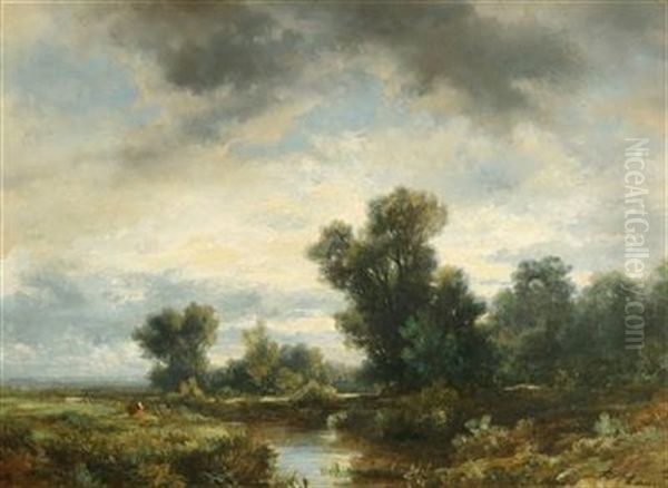 A River Landscape With Staffage Oil Painting by Remigius Adriannus van Haanen