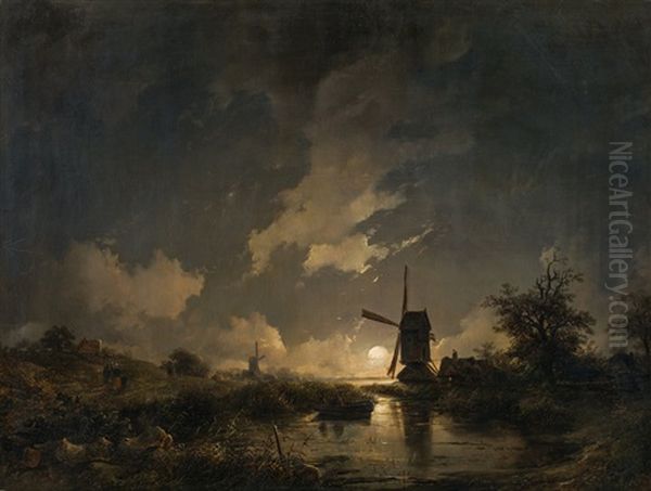 Hollandischer Kanal Im Mondlicht Oil Painting by Remigius Adriannus van Haanen