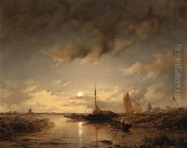 A Canal Scene At Dusk Oil Painting by Remigius Adriannus van Haanen