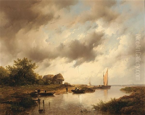Fishermen Along The Canal Oil Painting by Remigius Adriannus van Haanen