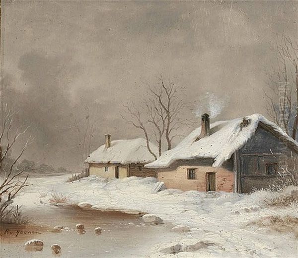 Farmhouses In A Winter Landscape Oil Painting by Remigius Adriannus van Haanen