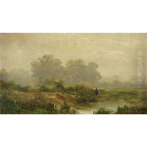 Figures In A Marsh Oil Painting by Remigius Adriannus van Haanen