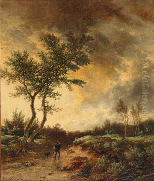 Landscape With Walker And Dog In The Evening Light Oil Painting by Remigius Adriannus van Haanen