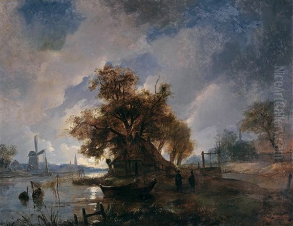 Dutch River Landscape In The Moonlight Oil Painting by Remigius Adriannus van Haanen