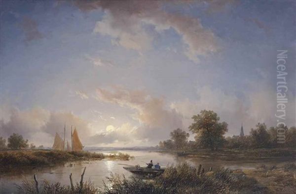 Anglers In Rowing Boat At Twilight Oil Painting by Remigius Adriannus van Haanen