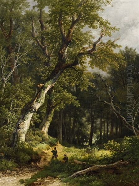 Waldlandschaft Mit Zwei Jagern Oil Painting by Remigius Adriannus van Haanen