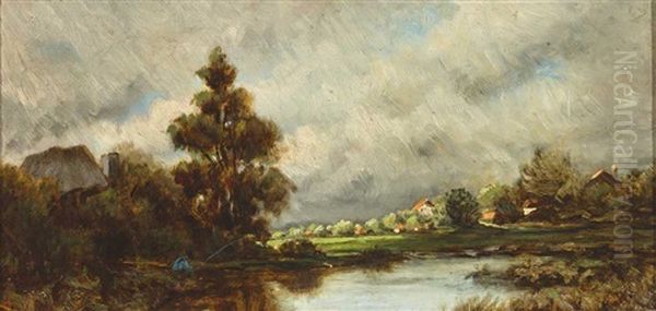 Flusslandschaft Mit Angler Und Malerisch Beleuchteten Gehoften Bei Abziehendem Gewitter Oil Painting by Remigius Adriannus van Haanen