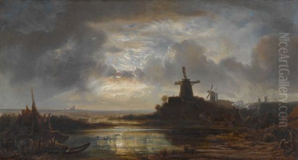Hollandische Kustenlandschaft Bei Mondlicht Oil Painting by Remigius Adriannus van Haanen