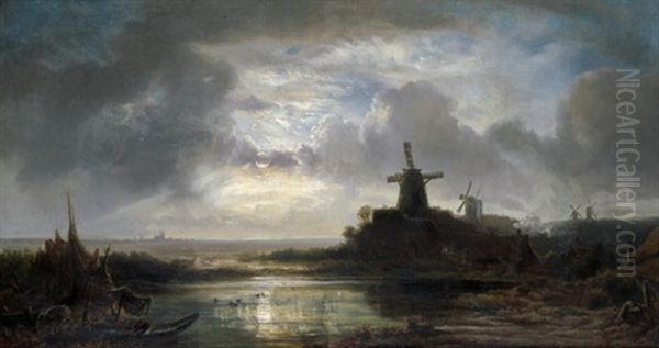 Hollandische Flusslandschaft Im Mondschein Oil Painting by Remigius Adriannus van Haanen