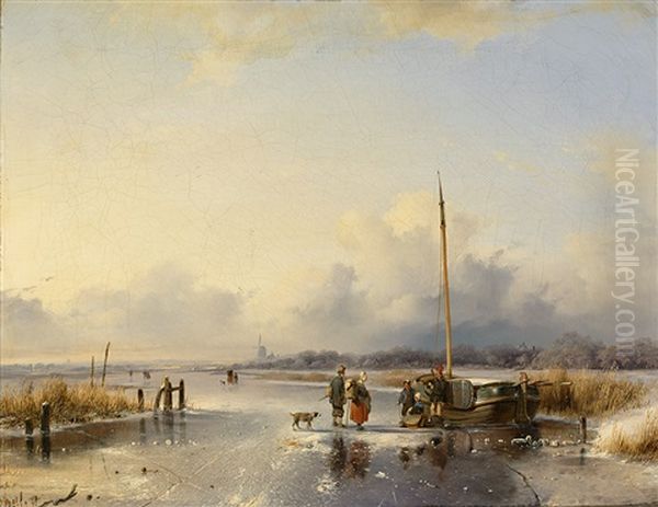 Zugefrorener Flusslauf Mit Reicher Personenstaffage An Einem Sonnigen Tag Oil Painting by Remigius Adriannus van Haanen