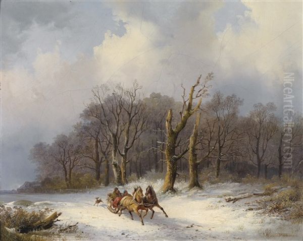 Winterlandschaft Mit Pferdeschlitten Im Vordergrund Oil Painting by Remigius Adriannus van Haanen
