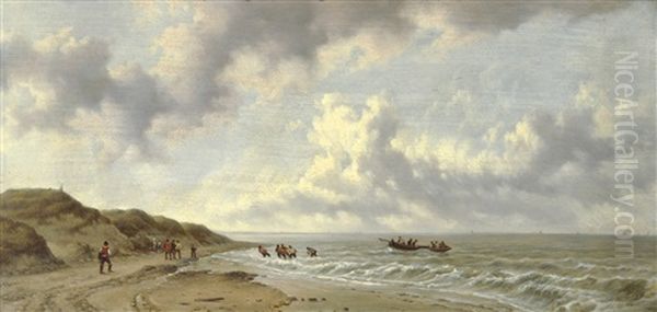 Het Binnenhalen Van De Sloep Oil Painting by Remigius Adriannus van Haanen