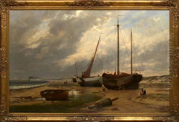 Early Evening View Of Beached Fishing Boats Oil Painting by Remigius Adriannus van Haanen