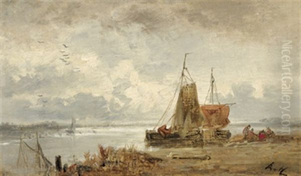 Segelboote Am Strand Mit Figuraler Staffage Oil Painting by Remigius Adriannus van Haanen