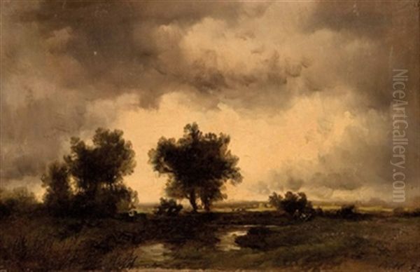 Gewitterstimmung Uber Flusslandschaft Oil Painting by Remigius Adriannus van Haanen