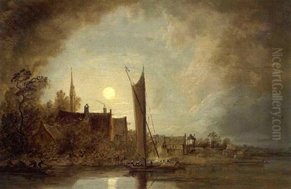 Mondnacht Uber Einem Hollandischen Stadtchen Oil Painting by Remigius Adriannus van Haanen
