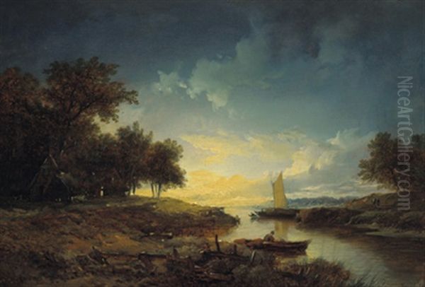 Hollandische Fluslandschaft Im Abendlicht Oil Painting by Remigius Adriannus van Haanen