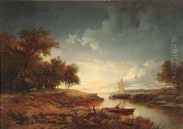 Hollandische Fluslandschaft Im Licht Der Abensonne Oil Painting by Remigius Adriannus van Haanen