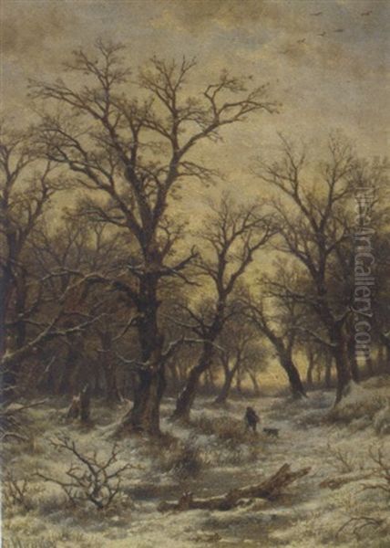 Huntsman In A Winter Landscape Oil Painting by Remigius Adriannus van Haanen