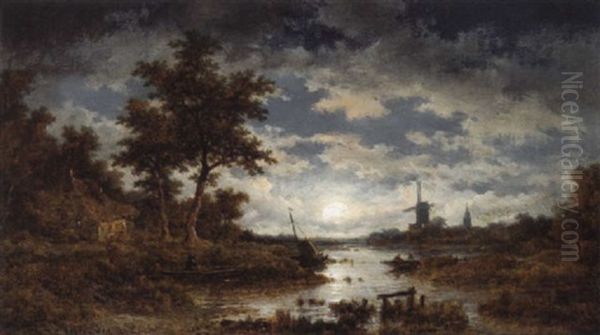Hollandische Landschaft Im Mondschein Oil Painting by Remigius Adriannus van Haanen
