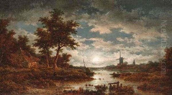 Fluslandschaft Mit Windmuhle Im Abensonnenlicht Oil Painting by Remigius Adriannus van Haanen