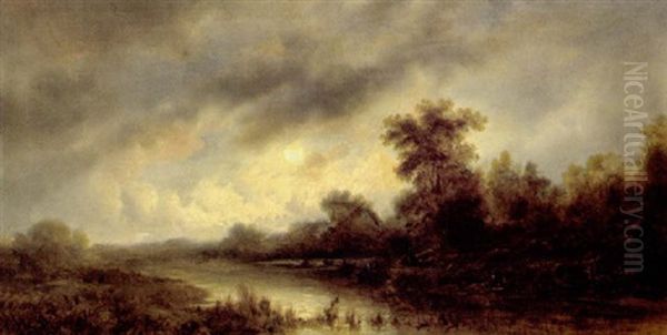 Fluslandschaft Im Mondschein Oil Painting by Remigius Adriannus van Haanen