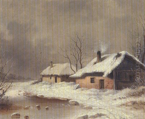 Zwei Bauernkaten In Winterlandschaft Oil Painting by Remigius Adriannus van Haanen