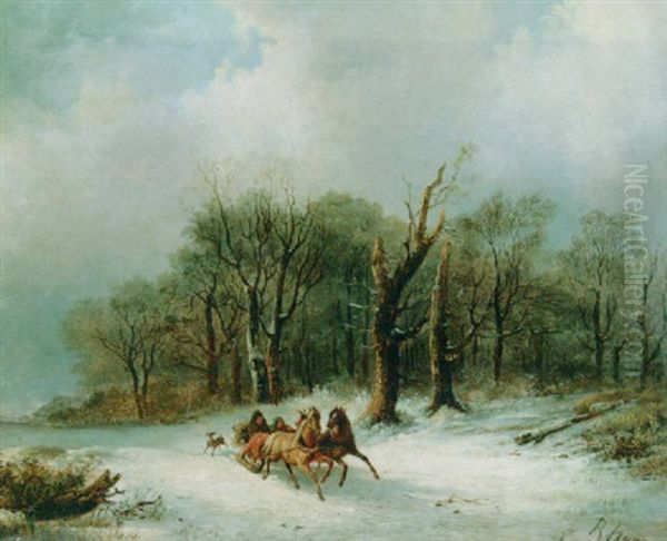 A Winter Landscape With Figures On A Horse-drawn Sledge Oil Painting by Remigius Adriannus van Haanen