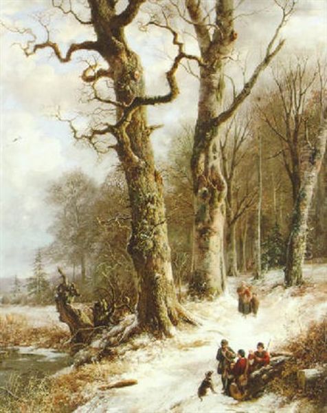 Snow Scene With Figures Oil Painting by Remigius Adriannus van Haanen
