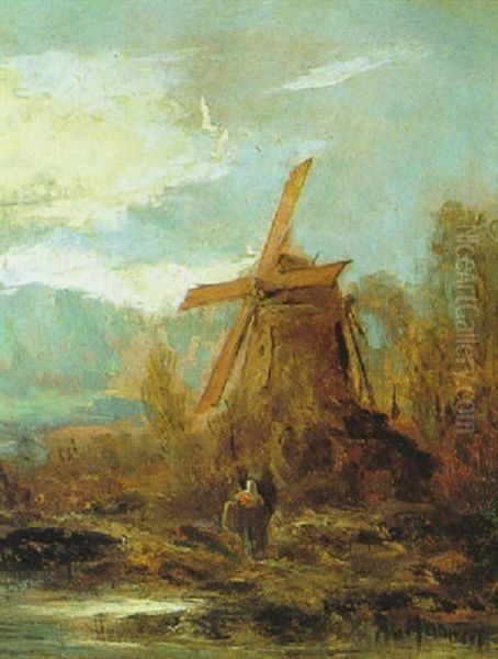 Windmuhle Oil Painting by Remigius Adriannus van Haanen