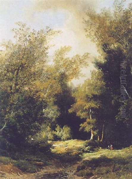 Wooded Landscape With Figures On A Path Oil Painting by Remigius Adriannus van Haanen