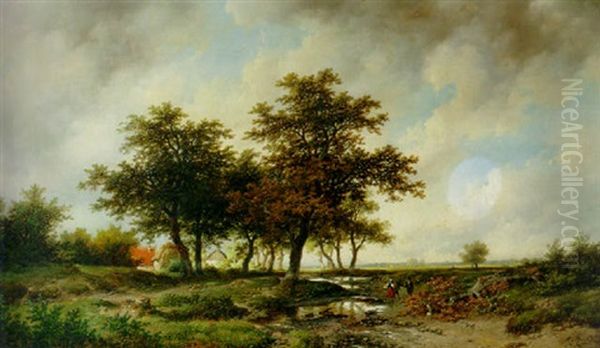 An Extensive Wooded Landscape With Peasants Conversing Near A Brook Oil Painting by Remigius Adriannus van Haanen