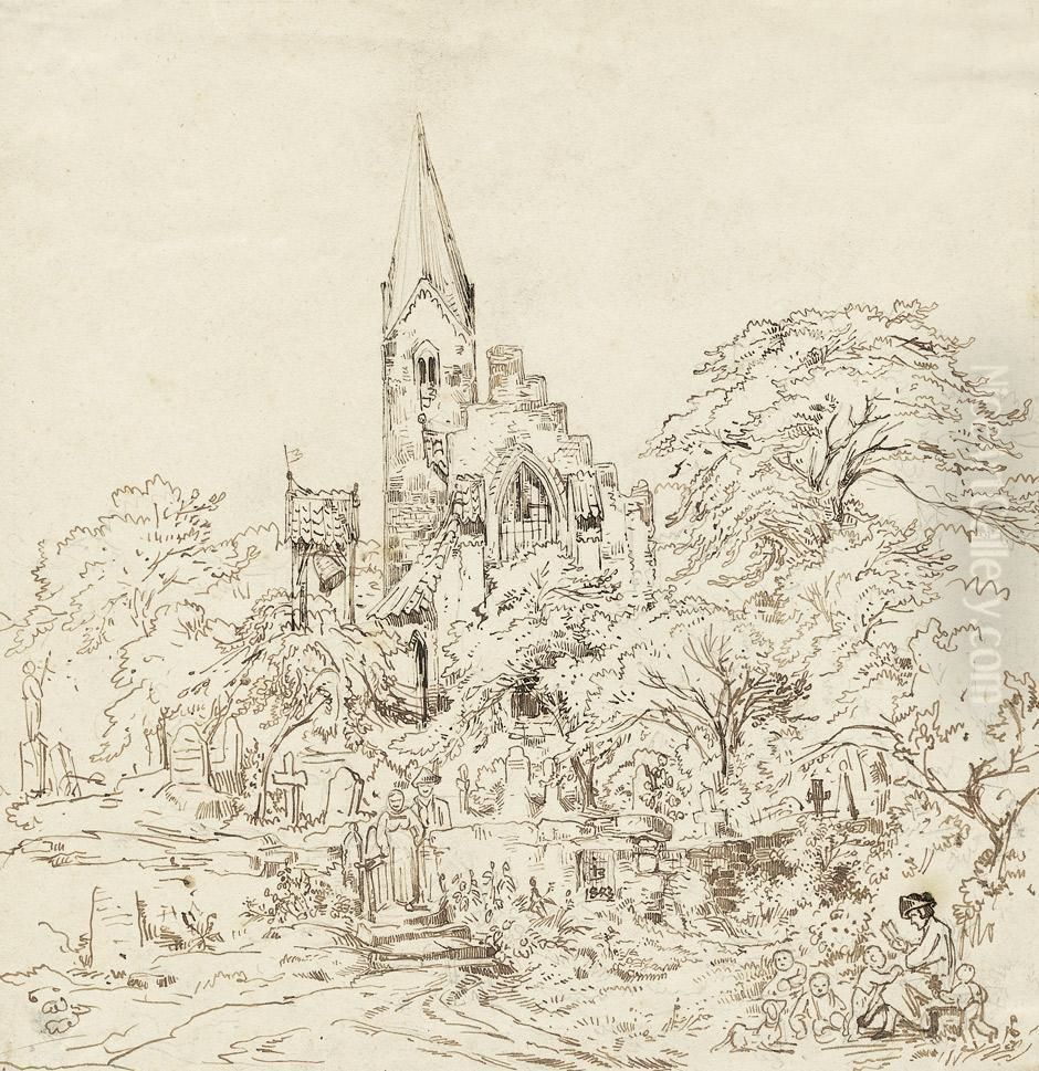 Gotische Kirche Mit Waldfriedhof Oil Painting by Julius Bakof