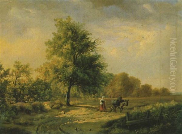 Sommerlandschaft Mit Einer Bauerin Und Ihrem Maultier Vorn Auf Dem Weg Am Waldrand Oil Painting by Remigius Adriannus van Haanen