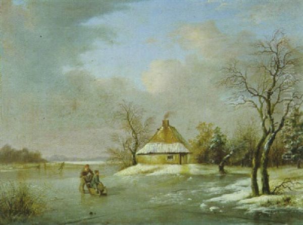 Winterlandschaft Mit Schlittschuhlaufern Und Schlittenfahrer Auf Dem Zugefrorenen See Oil Painting by Remigius Adriannus van Haanen