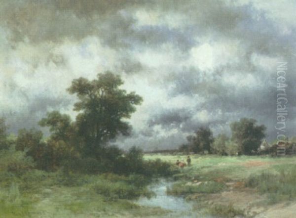 Figures In A Landscape Oil Painting by Remigius Adriannus van Haanen